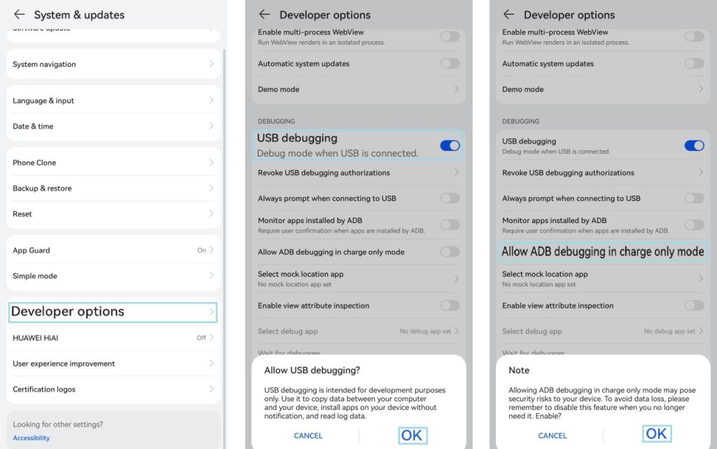 Enable USB debugging on Huawei Device 2